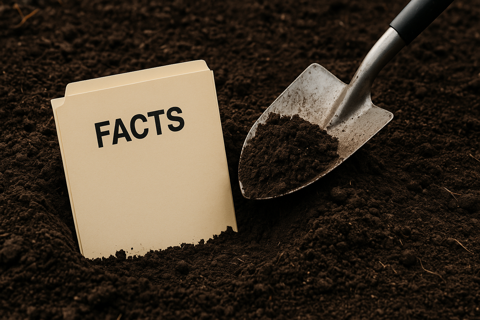 File folder labeled FACTS partly buried in dark soil beside a shovel, symbolizing company information lost in old press releases.